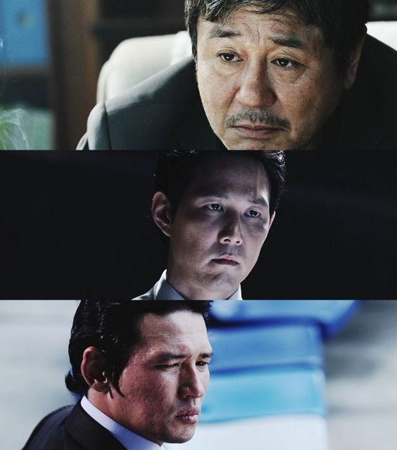 Kdramalive image of Choi Min-sik, Lee Jung-jae, and Hwang Jung-min in "New World" (2013). Credit: Pinterest